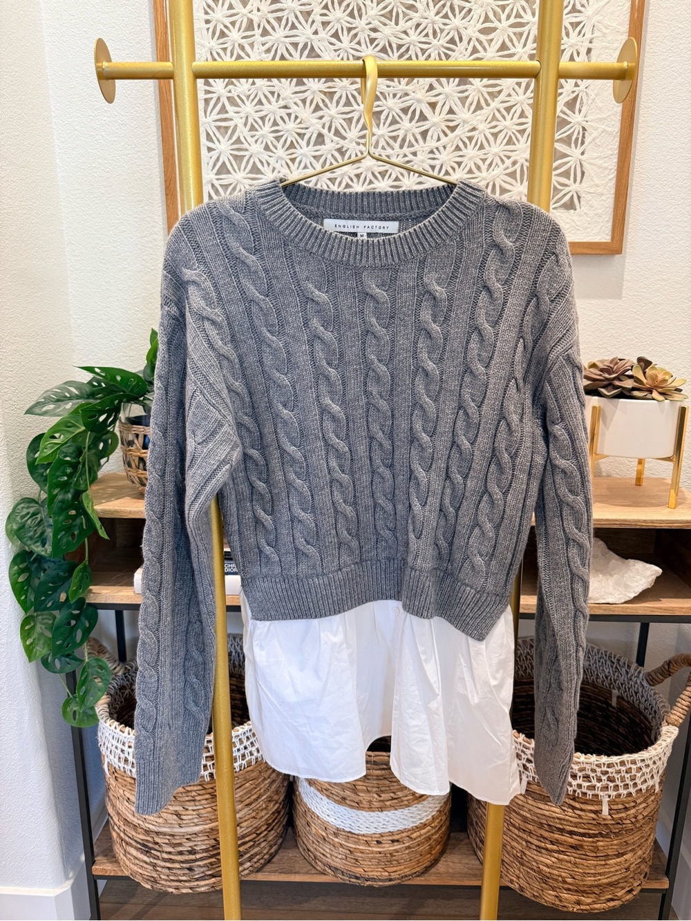 English Factory Gray Cable-Knit Sweater with White Layered Hem